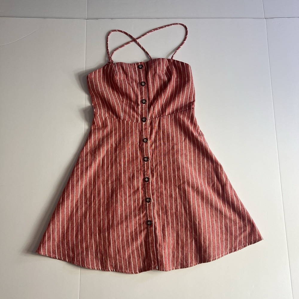 Essue S Red White Stripe Strappy Adjustable Cotton Linen Lined Sun Dress